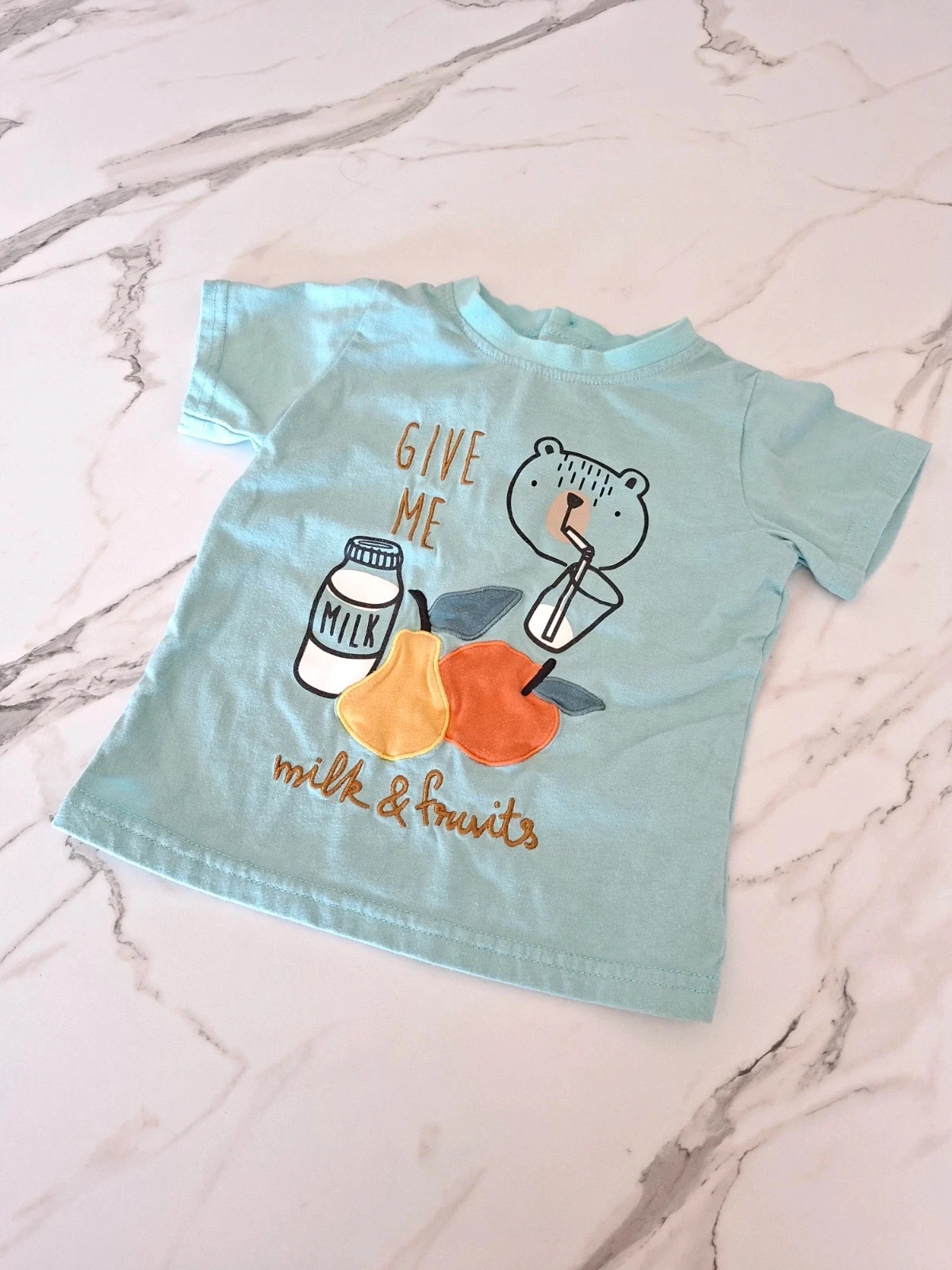 Tee-shirt bleu imprimé ourson/fruits - 23 mois